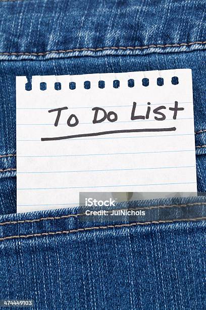 To Do List In Denim Pocket Stock Photo - Download Image Now - Adhesive Note, Back Pocket, Backgrounds