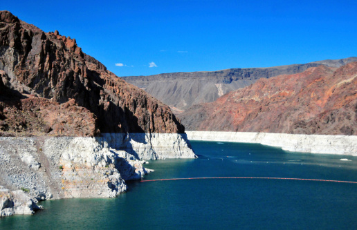 Hoover Dam, Nevada, USA: view upstream from Hoover Dam, border with Arizona - the white edges illustrate the decreased water level in the reservoir - Black Canyon, Lake Mead National Recreation Area - Colorado river drought - photo by M.Torres