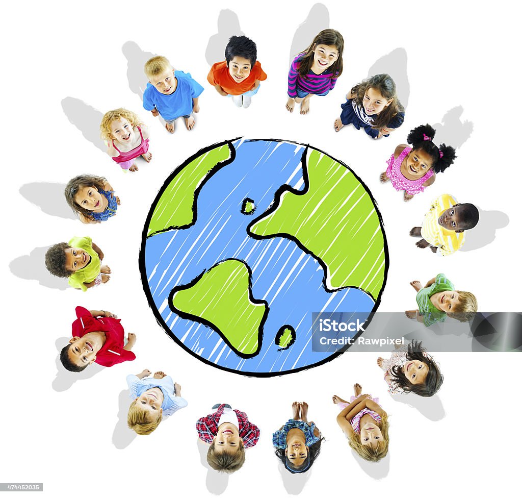 Group of Children around the World  Globe - Navigational Equipment Stock Photo