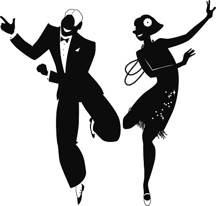 Black vector silhouette of a couple dressed in 1920s fashion dancing the Charleston, no white objects, EPS 8