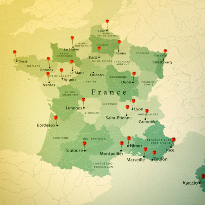 3D Render of a Map of France with Straight Pins at the Position of important Cities. Vintage Color Style. Very high resolution available!