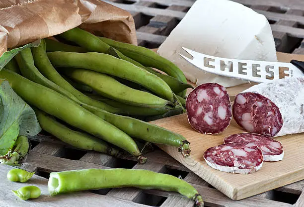 italian food, fave e salame, broad beans with salami and sheep cheese
