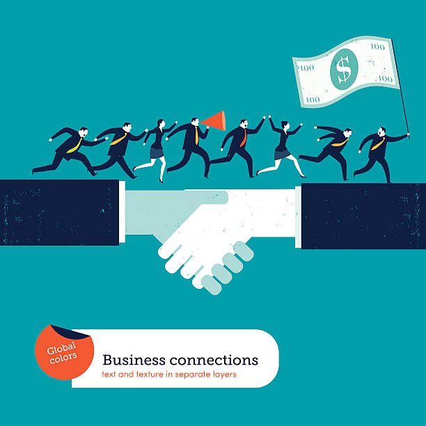 Businesspeople on handshake with a leader with 100 dollar flag vector art illustration