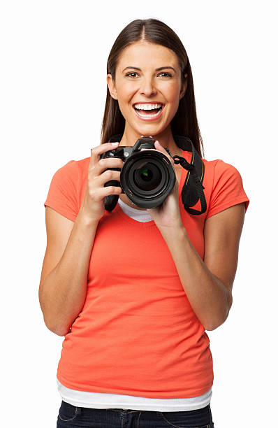 istock Young Woman Holding A Digital SLR Camera - Isolated 474472617