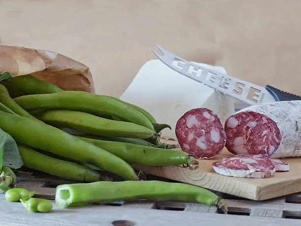 italian food, fave e salame, broad beans with salami and sheep cheese