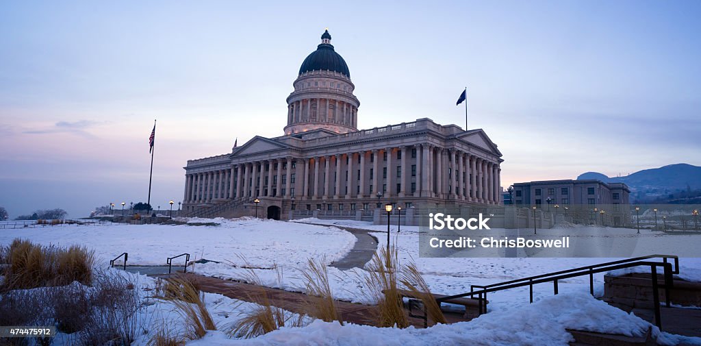 Winter Deep Freeze Sunrise Landscape Utah State Capital Architecture Frozen ground outside the Utah government headquarters 2015 Stock Photo