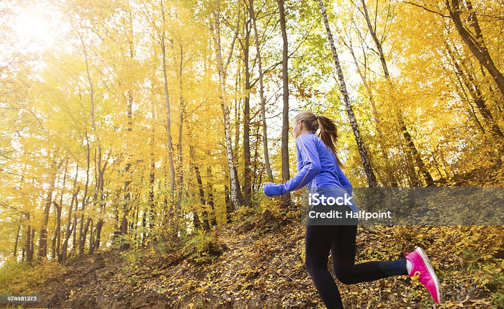 Active and sporty woman runner in autumn nature Active and sporty woman runner is exercising in colorful autumn nature Active Lifestyle Stock Photo