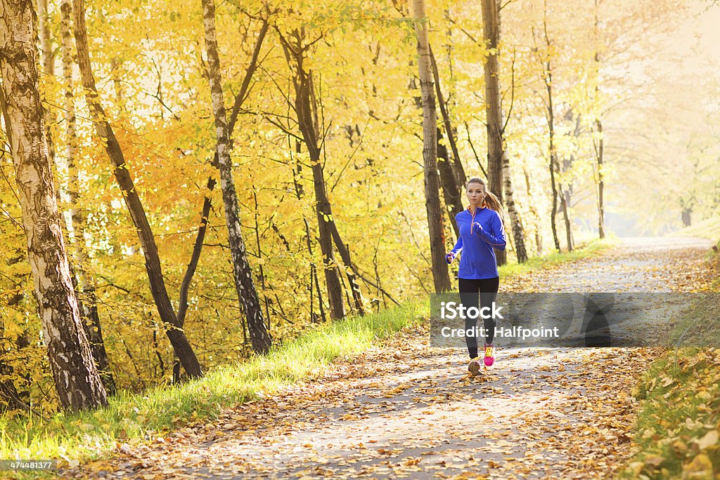 Active and sporty woman runner in autumn nature Active and sporty woman runner is exercising in colorful autumn nature Running Stock Photo