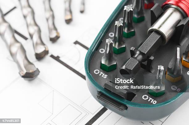 Construction Plan Tools Stock Photo - Download Image Now - Architect, Architecture, Blue