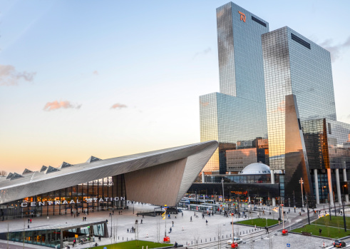 Rotterdam, The Netherlands - February 21st 2014: City skyline and newly completed Rotterdam Central Station. An important transport hub with 110,000 passengers per day.