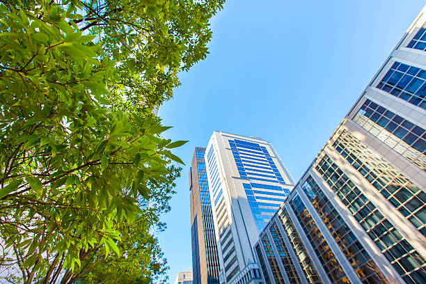 istock Business towers and green trees 474486439