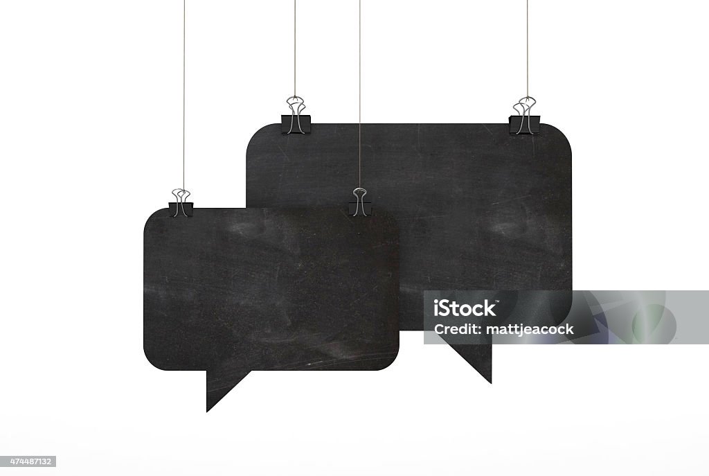 Blackboard speech bubble hanging on string A  3D representation of a speech bubble hanging on a plain white background. The speech bubble is hanging from a binder paper clip that is attached to a piece of string. The bubble has a cardboard texture. The background is pure white. You can add your own message to the speech bubble 2015 Stock Photo