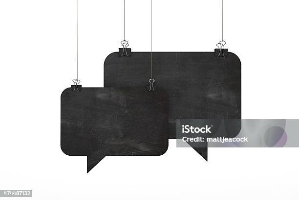 Blackboard Speech Bubble Hanging On String Stock Photo - Download Image Now - 2015, Announcement Message, Banner - Sign