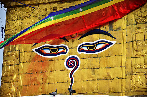 buddha occhi o occhi di swayambhunath tempio di saggezza - nepal buddha monkey temple tibet foto e immagini stock