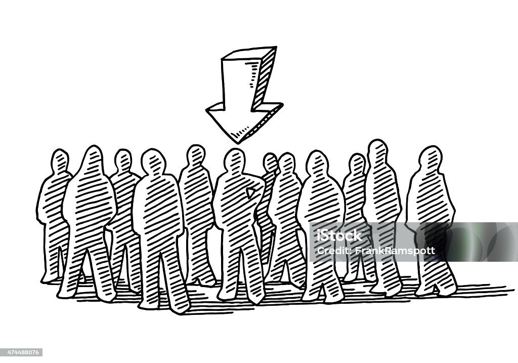 Crowd Of People The Chosen One Drawing Hand-drawn vector drawing of a Crowd Of People, an Arrow shows The Chosen One. Black-and-White sketch on a transparent background (.eps-file). Included files are EPS (v10) and Hi-Res JPG. People stock vector