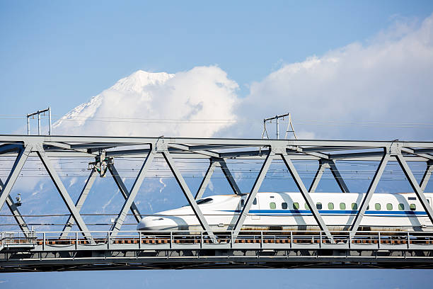 Shinkansen and Fuji Mountain Shizuoka, Japan-  February 20, 2015: Shinkansen bullet train with Fuji Mountain Landscape in Shizuoka ,Japan on FEB 20 ,2015. Shinkansen is world's busiest high-speed railway operated by four Japan Railways companies. bullet train mount fuji stock pictures, royalty-free photos & images