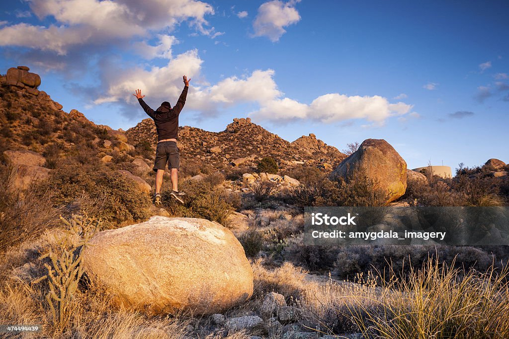 Saltando homem e sudoeste da paisagem ao pôr-do-sol - Foto de stock de Adulto royalty-free