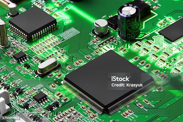 Electronic Circuit Board With Processor Stock Photo - Download Image Now - Circuit Board, Semiconductor, Green Color