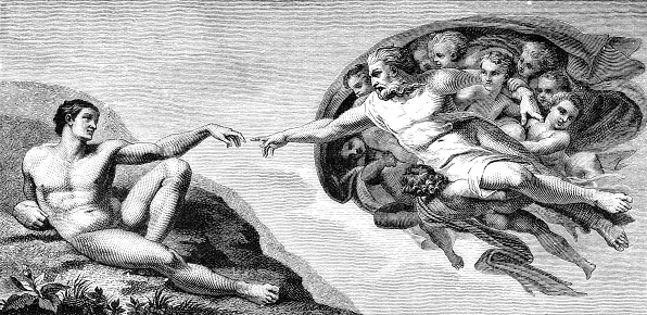 A drawing of Michelangelo's The Creation of Man from the ceiling of the Sistine Chapel at the Vatican, Rome, Italy, from a Victorian book dated 1879 that is no longer in copyright