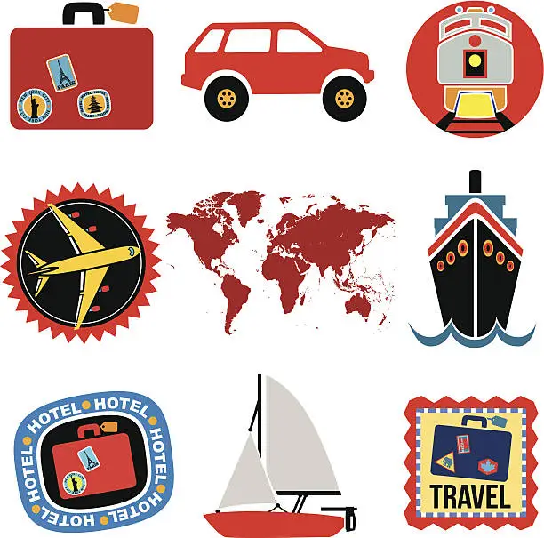 Vector illustration of travel icons in color red theme