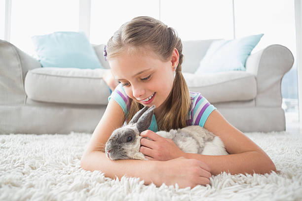istock Girl playing with rabbit in living room 474506740
