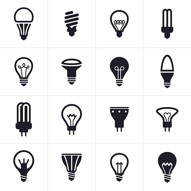 sammlung von 16 schwarz glühbirne symbole - led lamp stock-grafiken, -clipart, -cartoons und -symbole