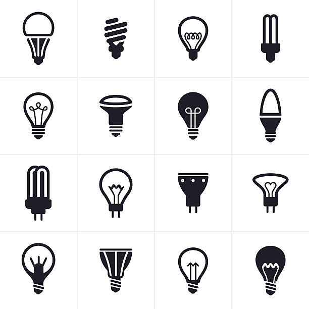 illustrazioni stock, clip art, cartoni animati e icone di tendenza di collezione di sedici nero lampadina simboli - led light bulb lighting equipment brightly lit