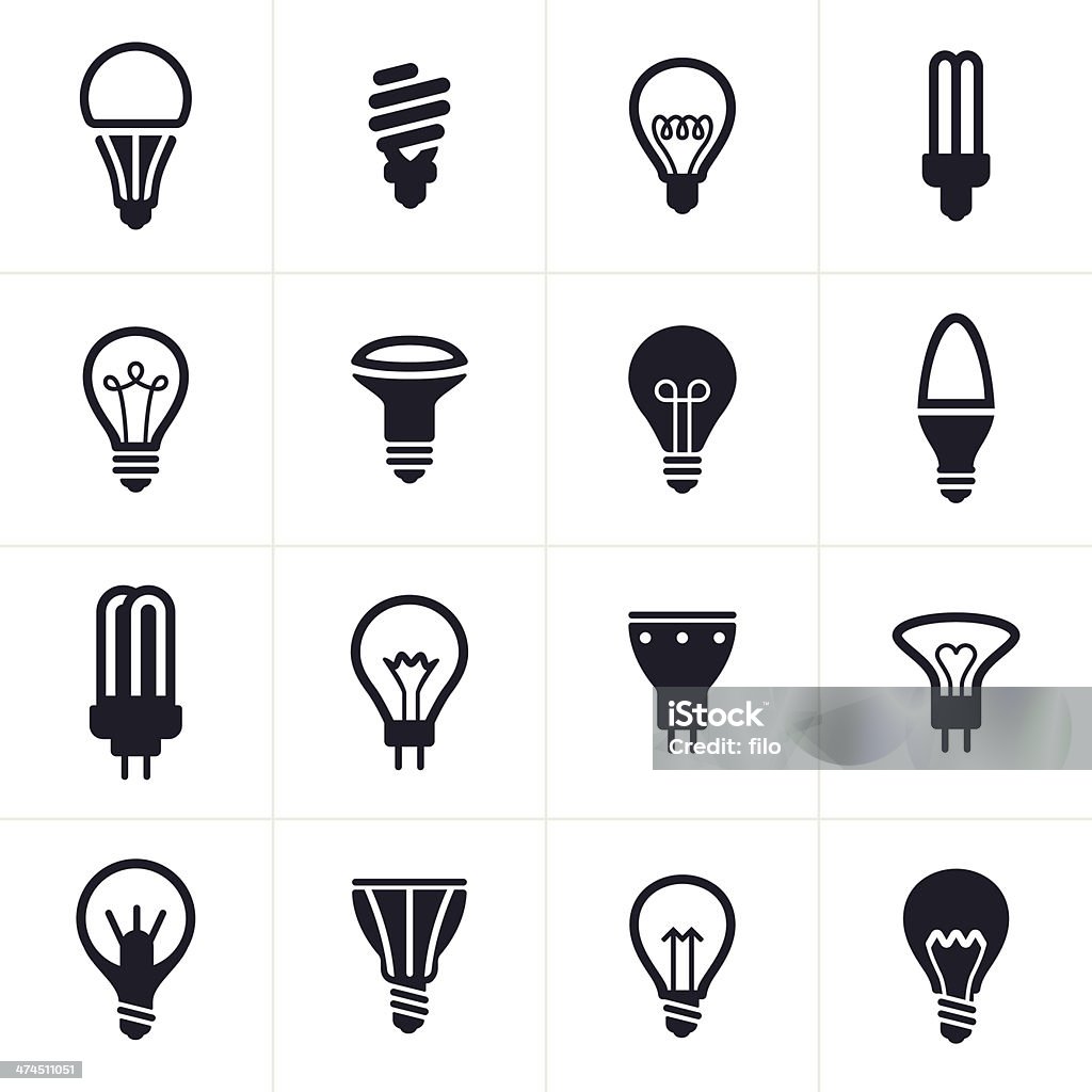 Collection of sixteen black light bulb symbols Collection of lightbulb symbols and icons. LED Light stock vector