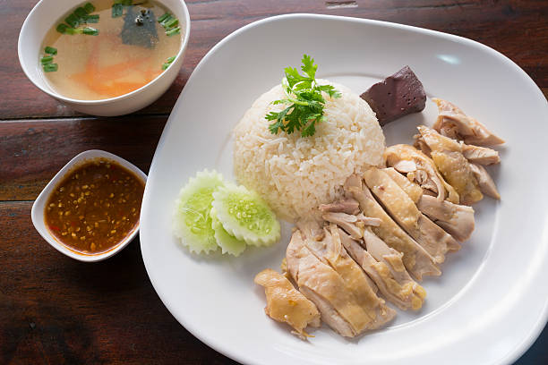 istock Hainanese Chicken Rice with sauce and soup 474516252