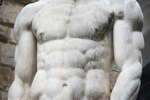 close up of Hercules statue chest in Piazza della Signoria, Florence