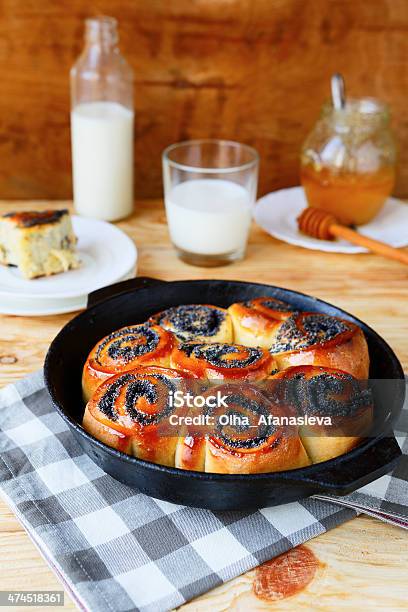 Buns With Poppy Seeds And Honey Stock Photo - Download Image Now - Baked, Baking, Black Color