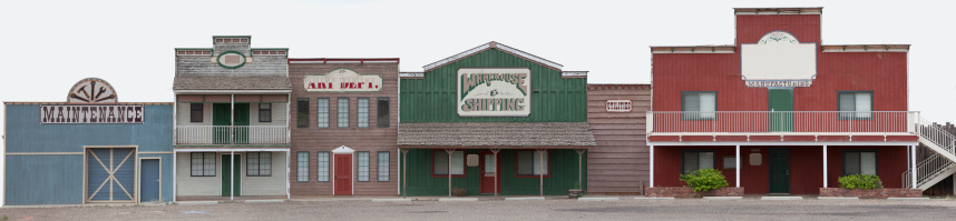Panorama of Wild West style store front display facade. Isolated on white background, Path included.