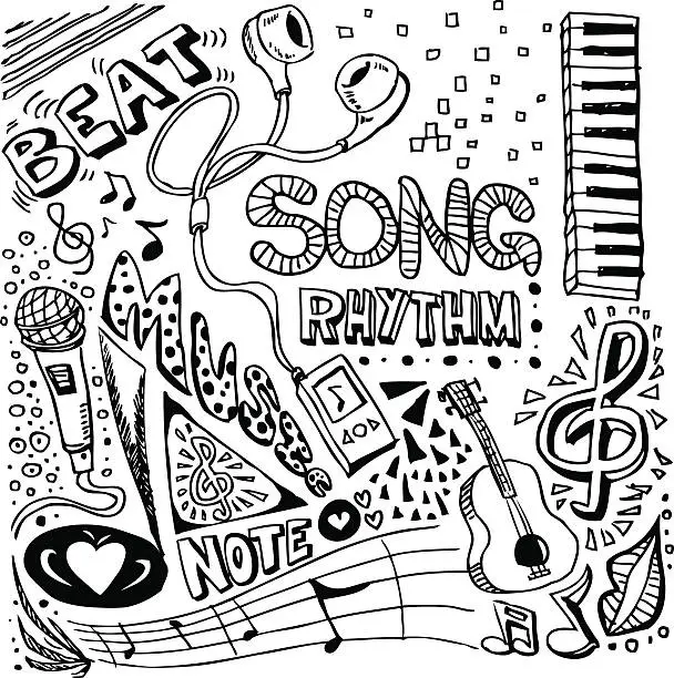 Vector illustration of Music elements sketch in black and white