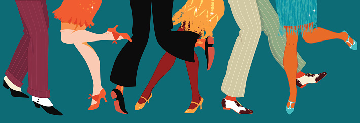 Line of men and women legs in 1920s style footwear dancing the Charleston, vector illustration, no transparencies, EPS 8