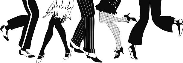 Silhouette of the Charleston dancers legs Line of men and women legs in 1920s style footwear dancing the Charleston, black vector silhouette, no white objects, EPS 8 20s stock illustrations