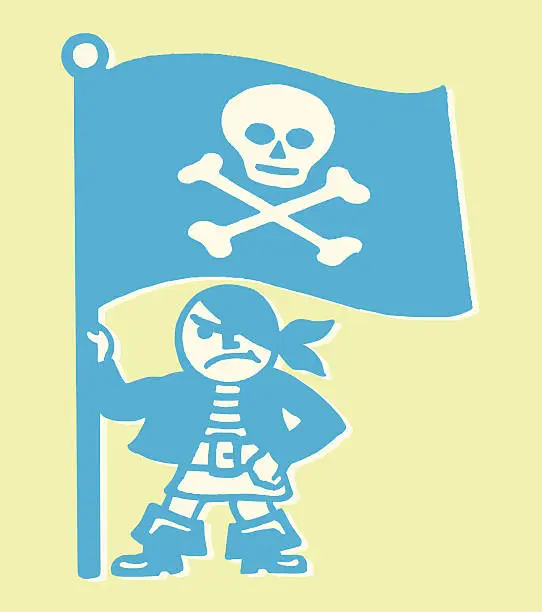 Vector illustration of Pirate Boy Holding Jolly Roger Flag