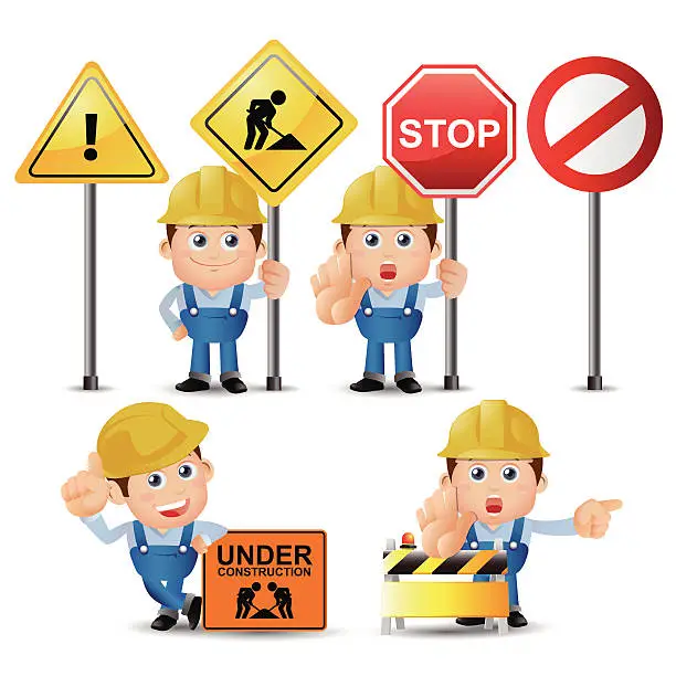 Vector illustration of Set of builder character in different poses with signs