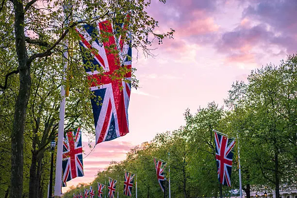 Lines of union jack flags hanging along the Mall, London