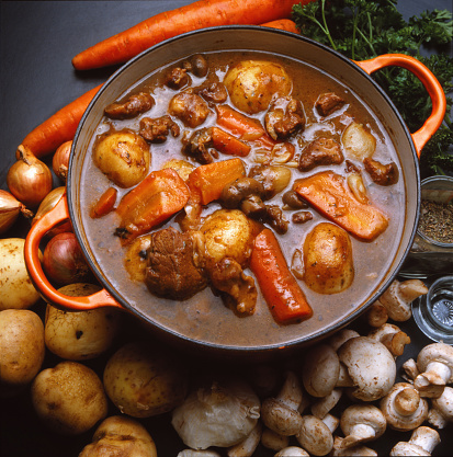 A heathy stew made with boneless lamb meat, carrots, potatoes, mushrooms, onions, herbs and spices.