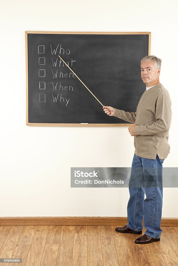 Teaching The Five Ws of Writing Teacher teaching the five Ws of good writing. Who, What, Where, When, and Why. Answer these questions to get the complete story on any subject. 30-39 Years Stock Photo
