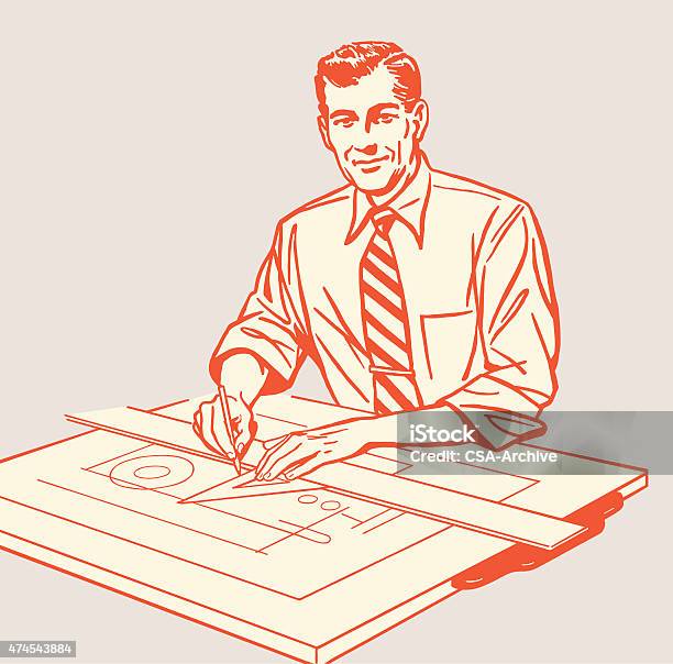 Ilustración de Hombre Trabajando En La Elaboración De La Tabla y más Vectores Libres de Derechos de Arquitecto - Arquitecto, Profesional de diseño, Cianotipo - Plano