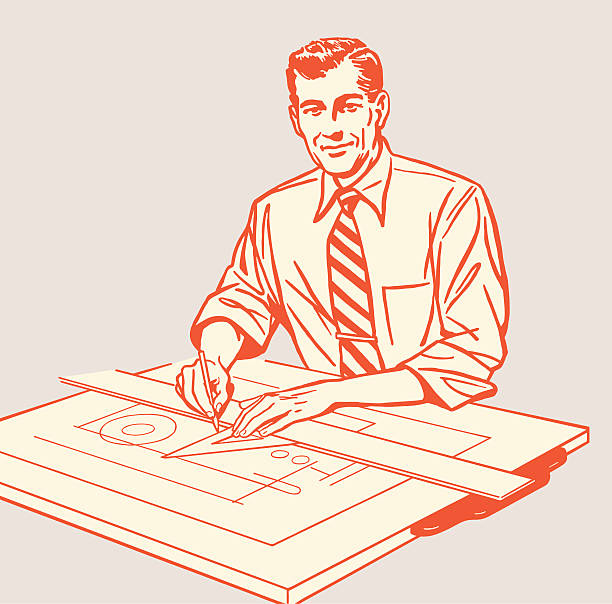 ilustrações, clipart, desenhos animados e ícones de homem trabalhando na elaboração de mesa - equipment work tool drafting blueprint