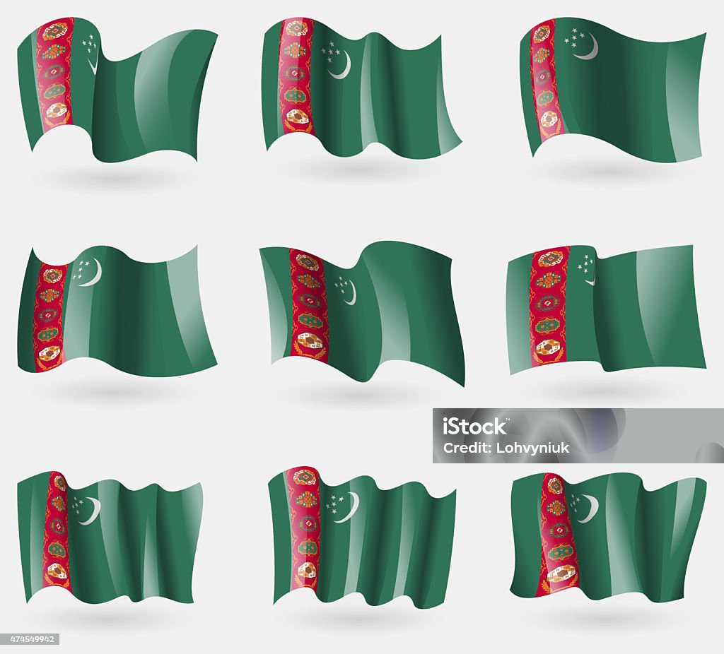 Set of Turkmenistan flags in the air. Set of Turkmenistan flags in the air.  illustration 2015 Stock Photo