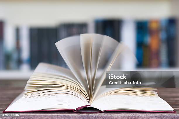 Opened Book In Front Of Bookcase Stock Photo - Download Image Now - 2015, Bookshelf, Expertise