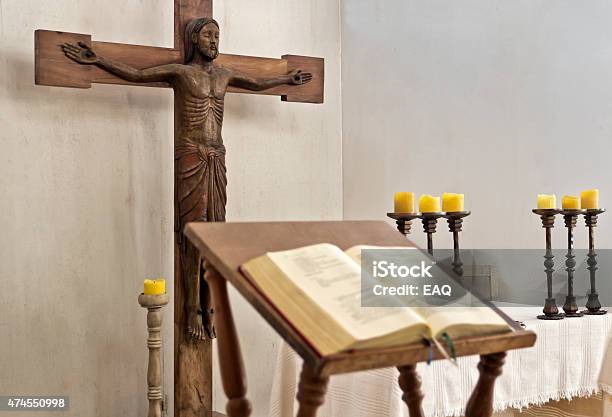 Holy Bible In Austere Altar Of Church Stock Photo - Download Image Now - Religious Mass, Bible, Catholicism
