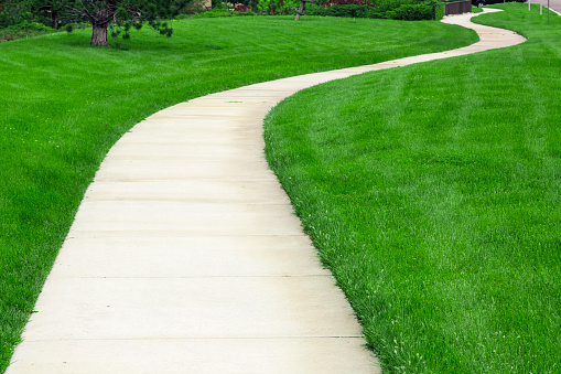 Concrete pathway through green lawn.