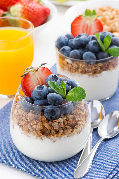istock dessert with cream, fresh berries and granola, top view 474557802