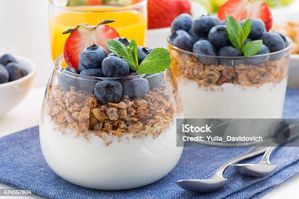 Dessert With Cream Fresh Berries And Granola Closeup Stock Photo - Download Image Now