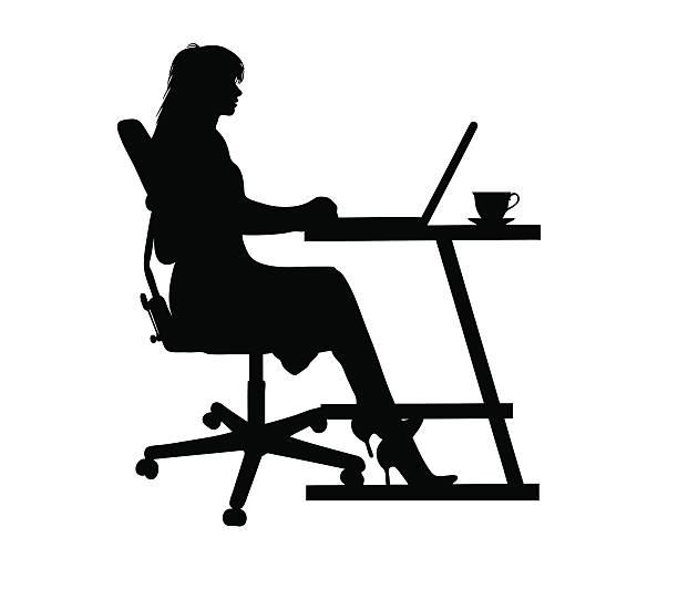 Woman typing at a laptop Silhouette of a woman typing at a laptop isolated computer silhouettes stock illustrations