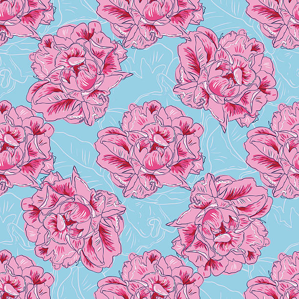 illustrazioni stock, clip art, cartoni animati e icone di tendenza di peonia modello di vettore senza soluzione di continuità su sfondo blu - bouquet rose peony rosé